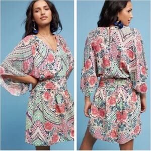 Anthropologie Maeve Siya Kimono Dress Colorful Dolman Sleeve Keyhole Pink 10
